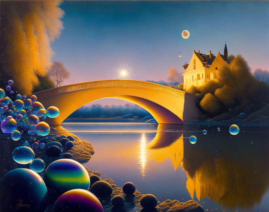 Tranquil fantasy landscape with golden bridge, house, bubbles, and starlit sky