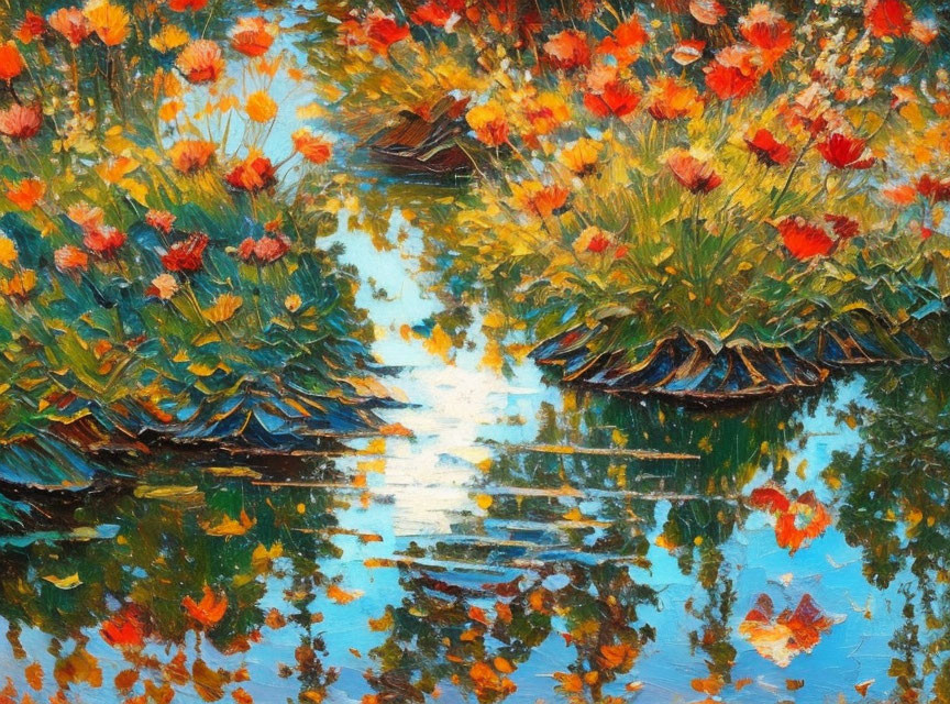 Vibrant Impressionistic Painting of Tranquil River with Red and Yellow Flowers