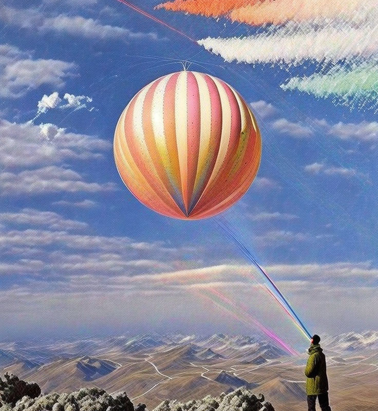 Green-clad figure gazes at striped hot air balloon in surreal sky above mountains