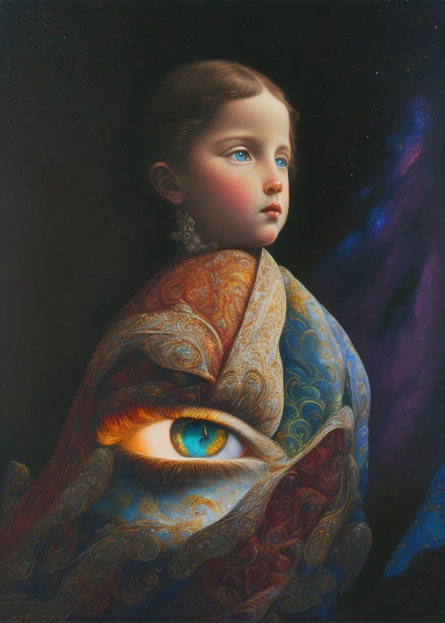 Child with Blue Eyes Wearing Patterned Shawl in Cosmic Setting
