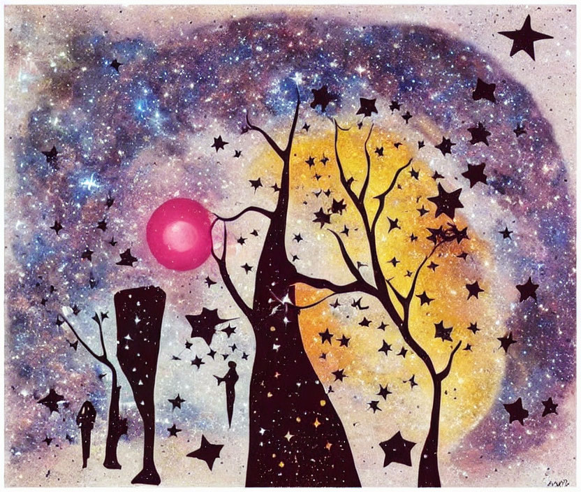 Whimsical painting of starry sky with tree leaves as stars