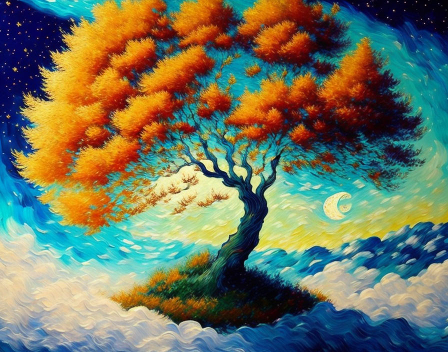 Colorful painting: Twisted tree, half moon, yellow-orange leaves, blue starry sky