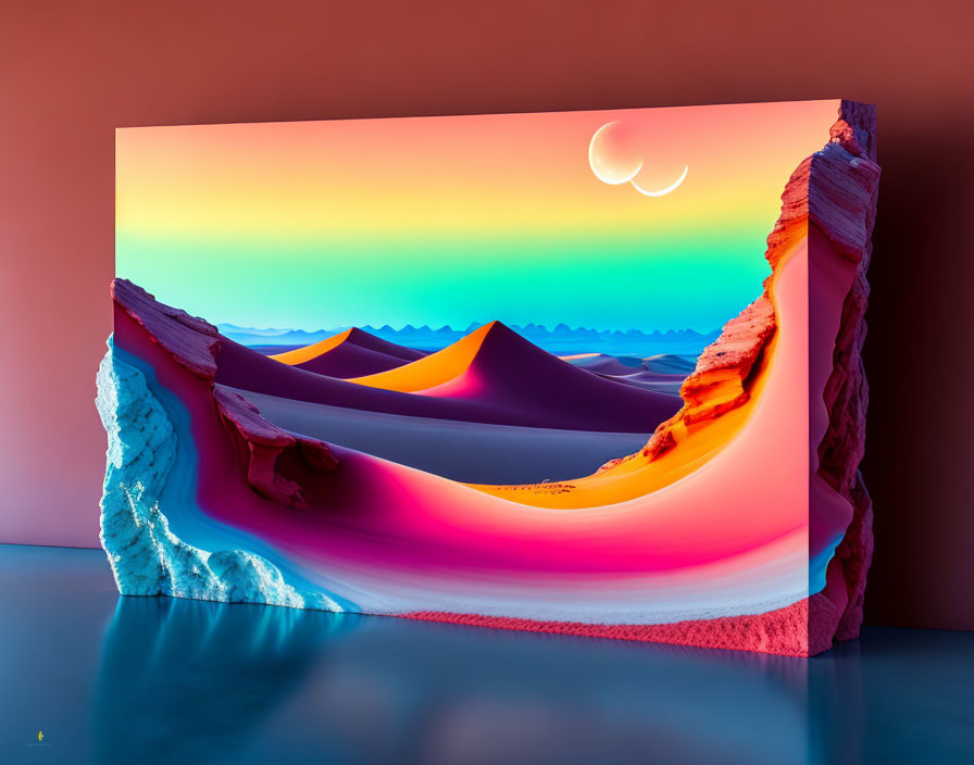 Colorful surreal desert landscape with layered dunes under crescent moon in broken frame