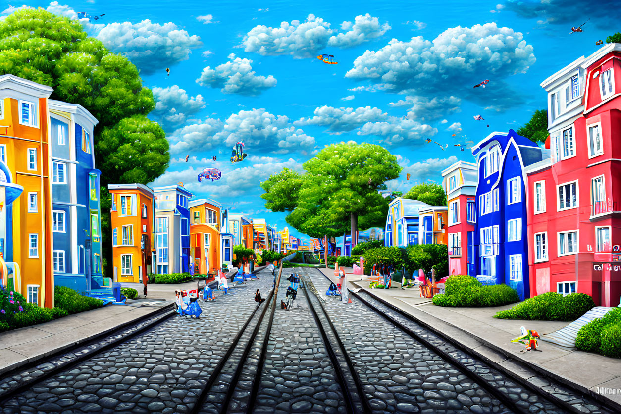 Colorful street scene with people, tram tracks, and blue sky