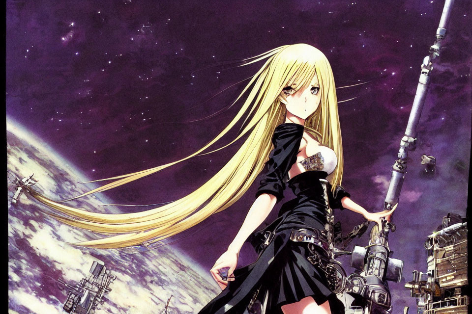 Blonde anime girl with long hair in black dress in front of space station and Earth.