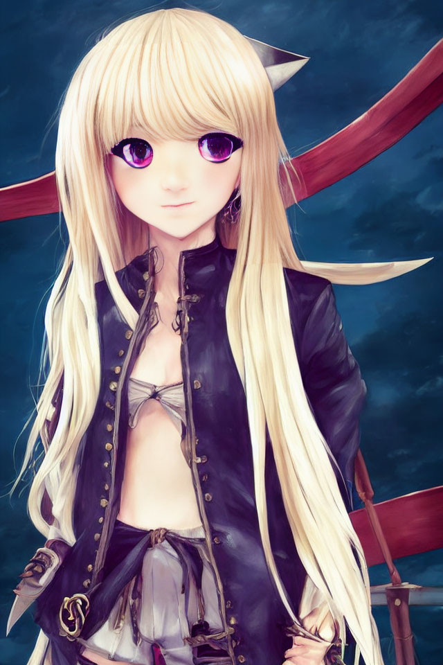 Anime-style female character with long blonde hair, purple eyes, cat ears, black jacket, and exposed