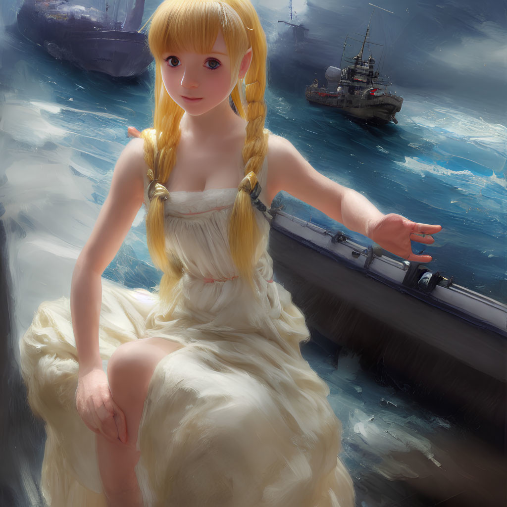 Digital artwork: Young woman with blonde braided hair by ocean with ships