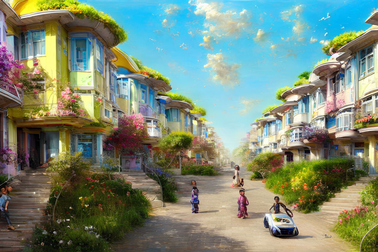 Colorful Flora-Adorned Houses on Vibrant Street