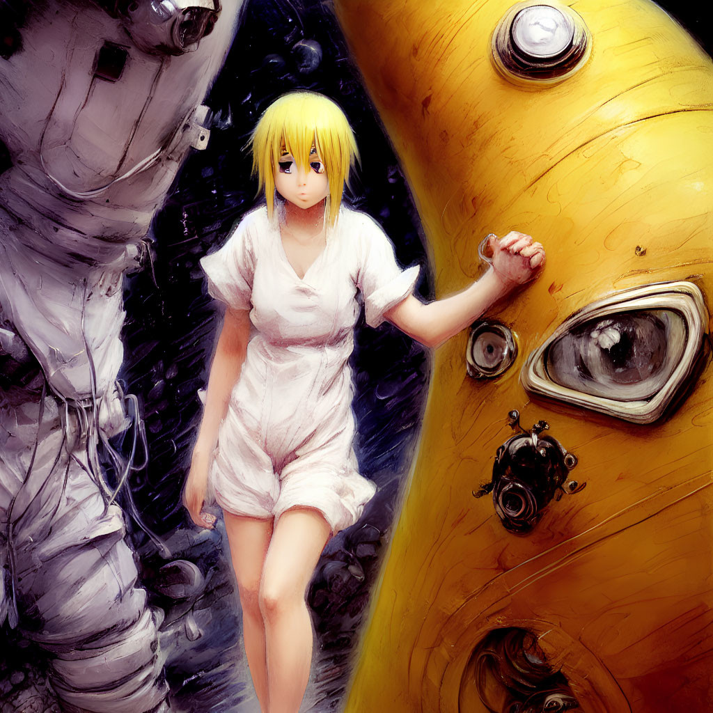 Blonde anime girl in white outfit with yellow robotic figure