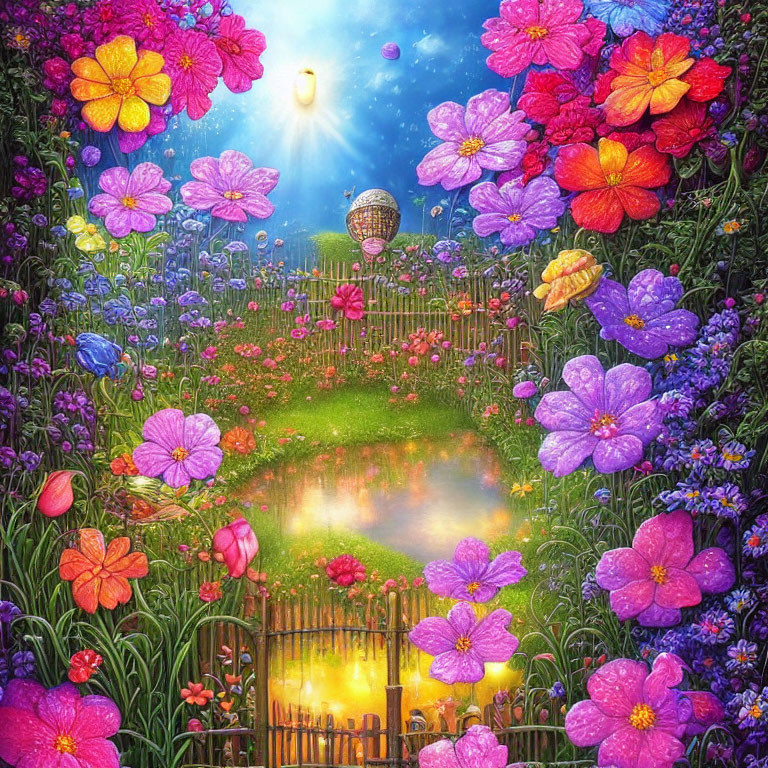 Colorful Flower Garden, Glowing Pond, and Starlit Hot Air Balloon