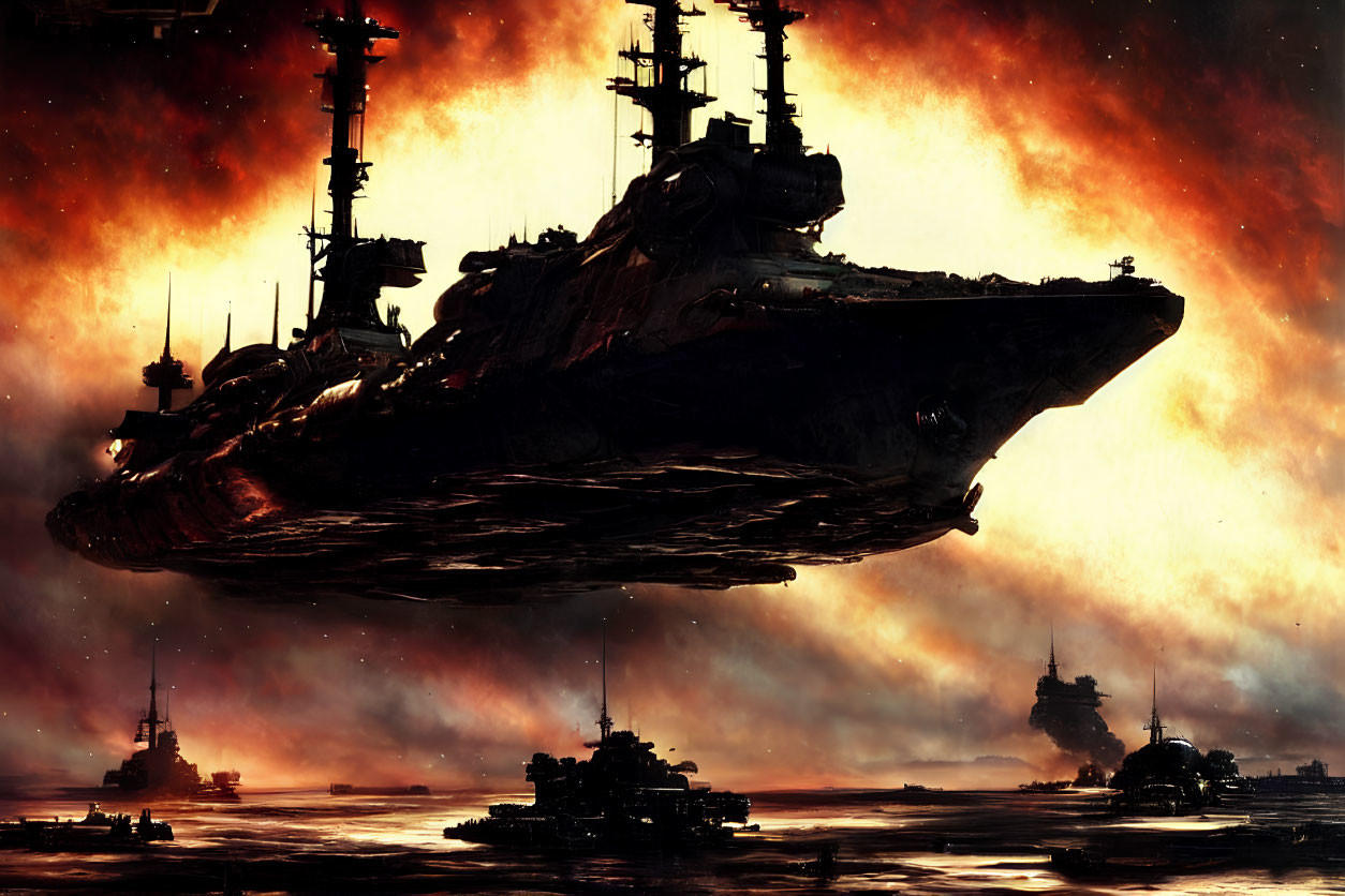 Gigantic spaceship above dystopian landscape with fiery sky
