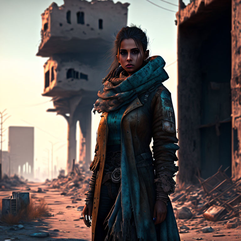 Determined woman in post-apocalyptic setting with ruins and deserted buildings.