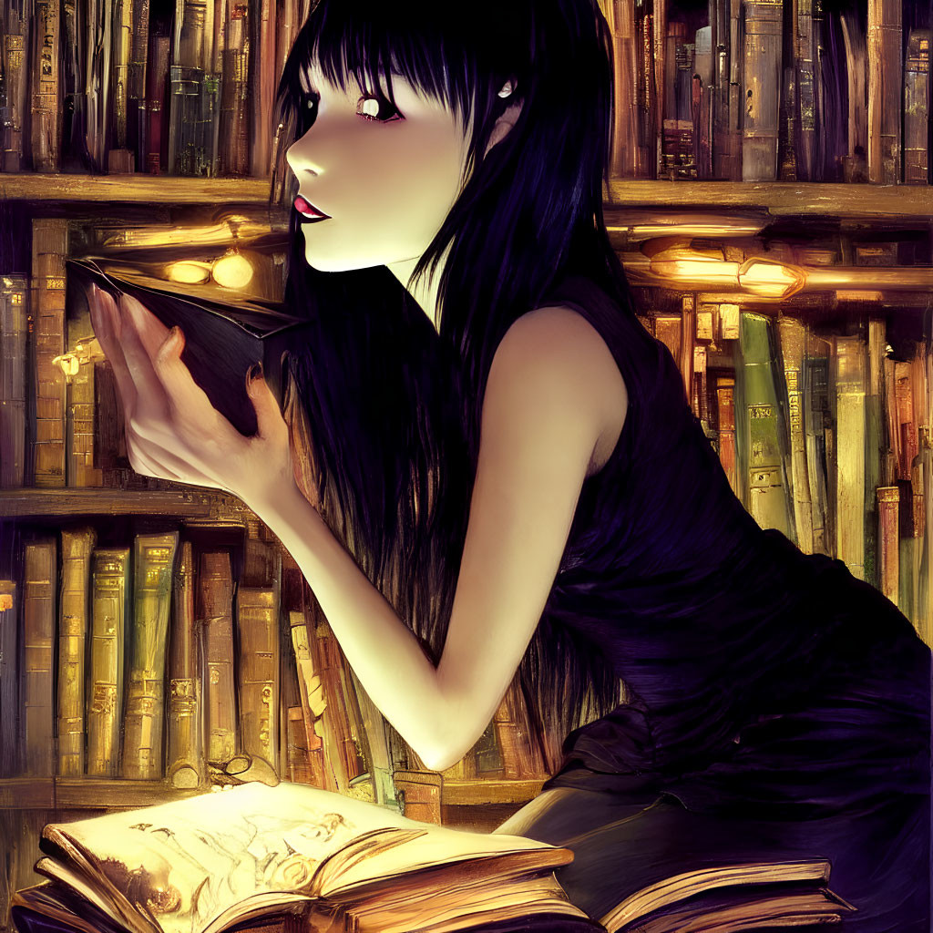 Young woman with black hair reading in dimly lit library