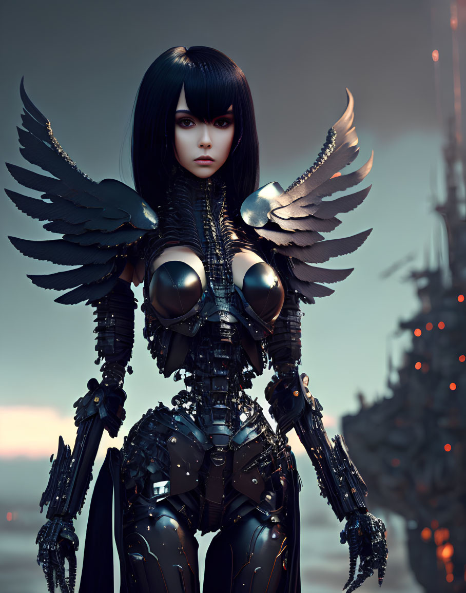 Female humanoid robot with black hair, large wings, and metallic armor in an industrial setting