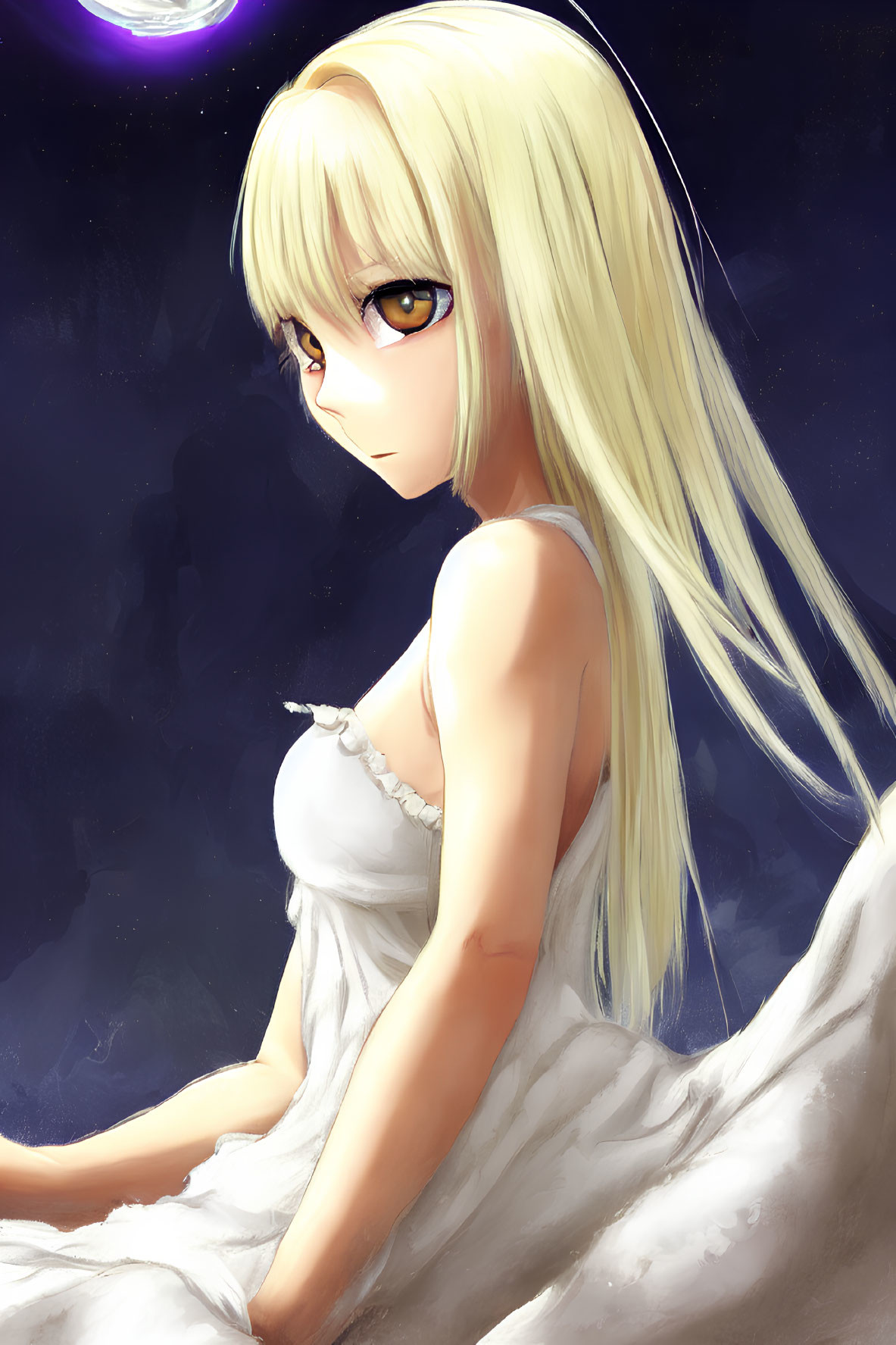 Blonde anime girl in white dress under crescent moon