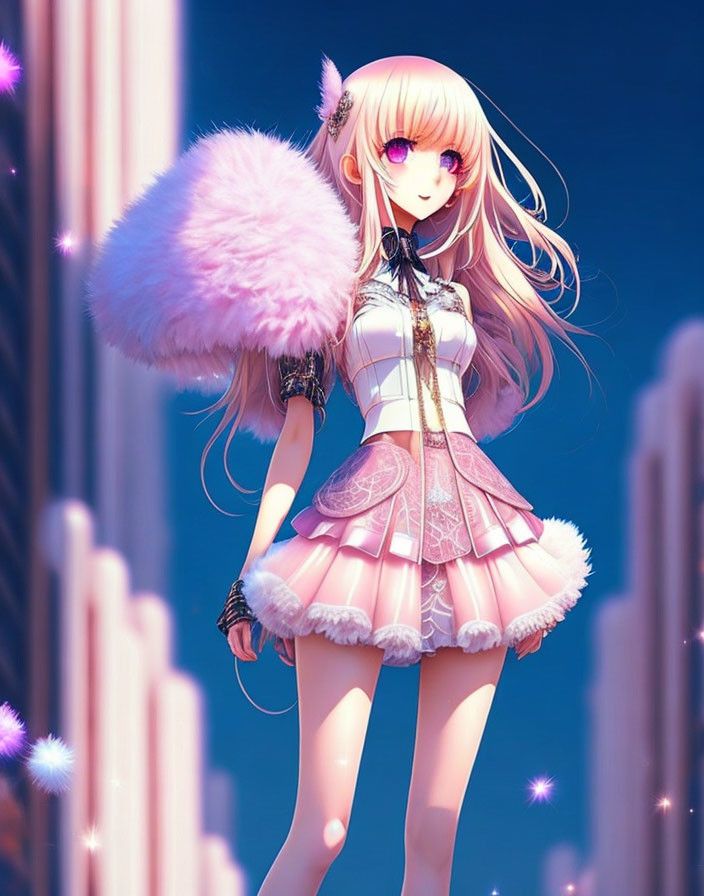 Pink-haired anime girl in frilly outfit in dreamy cityscape