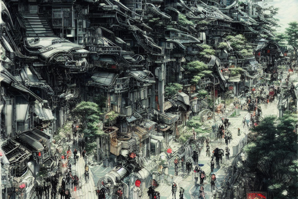 Dystopian cityscape with chaotic architecture and crowded streets.