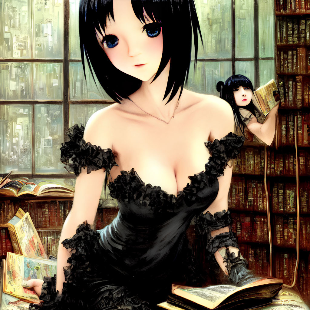 Black-haired blue-eyed animated girls in library scene with open books.