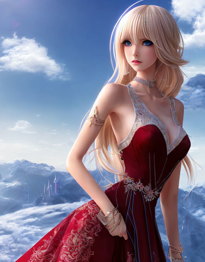 Blonde female figure in red dress above clouds and castle