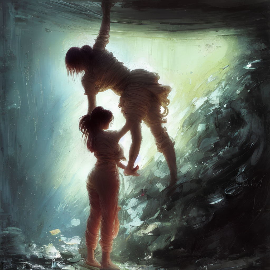Two people in a cave with light above; one hanging from ledge helps the other below on rocky ground