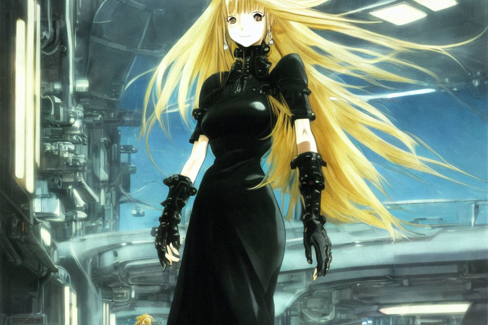 Blonde Anime Character in Black Gothic Dress with Mechanical Arms in Futuristic Industrial Setting