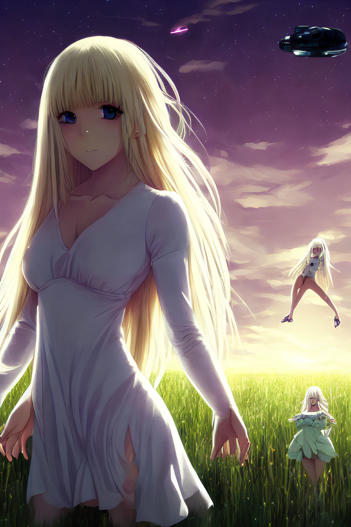 Three blonde girls in field at sunset with UFOs in sky