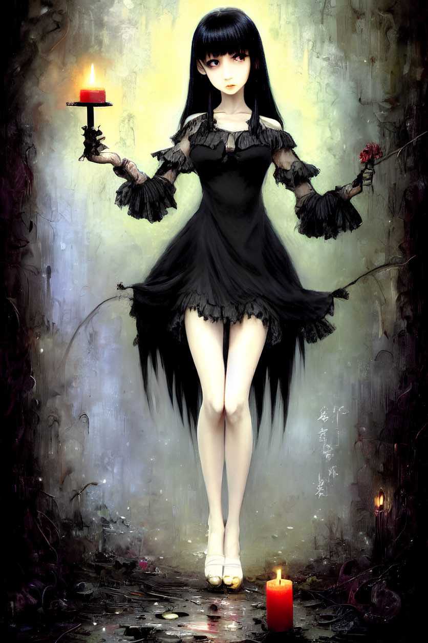 Illustrated Gothic girl with black hair holding candlestick and red flower on grunge backdrop