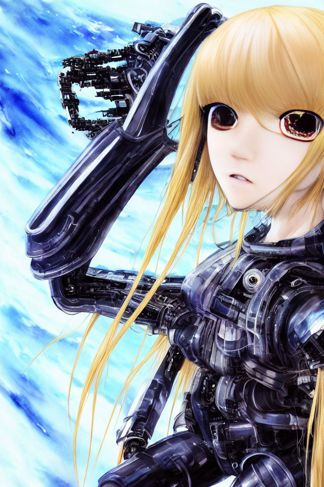 Blonde-haired female anime character in black armor suit on cosmic backdrop