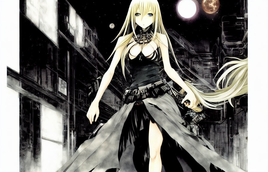 Blonde anime girl in gothic black dress in futuristic cityscape