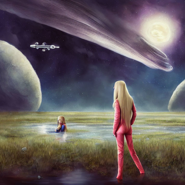 Woman in pink spacesuit watches child on alien planet with moons, spaceship, and comet.