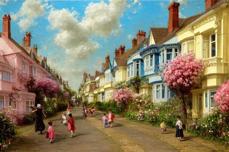 Colorful street scene with pink blossoming trees, vintage houses, and period attire.