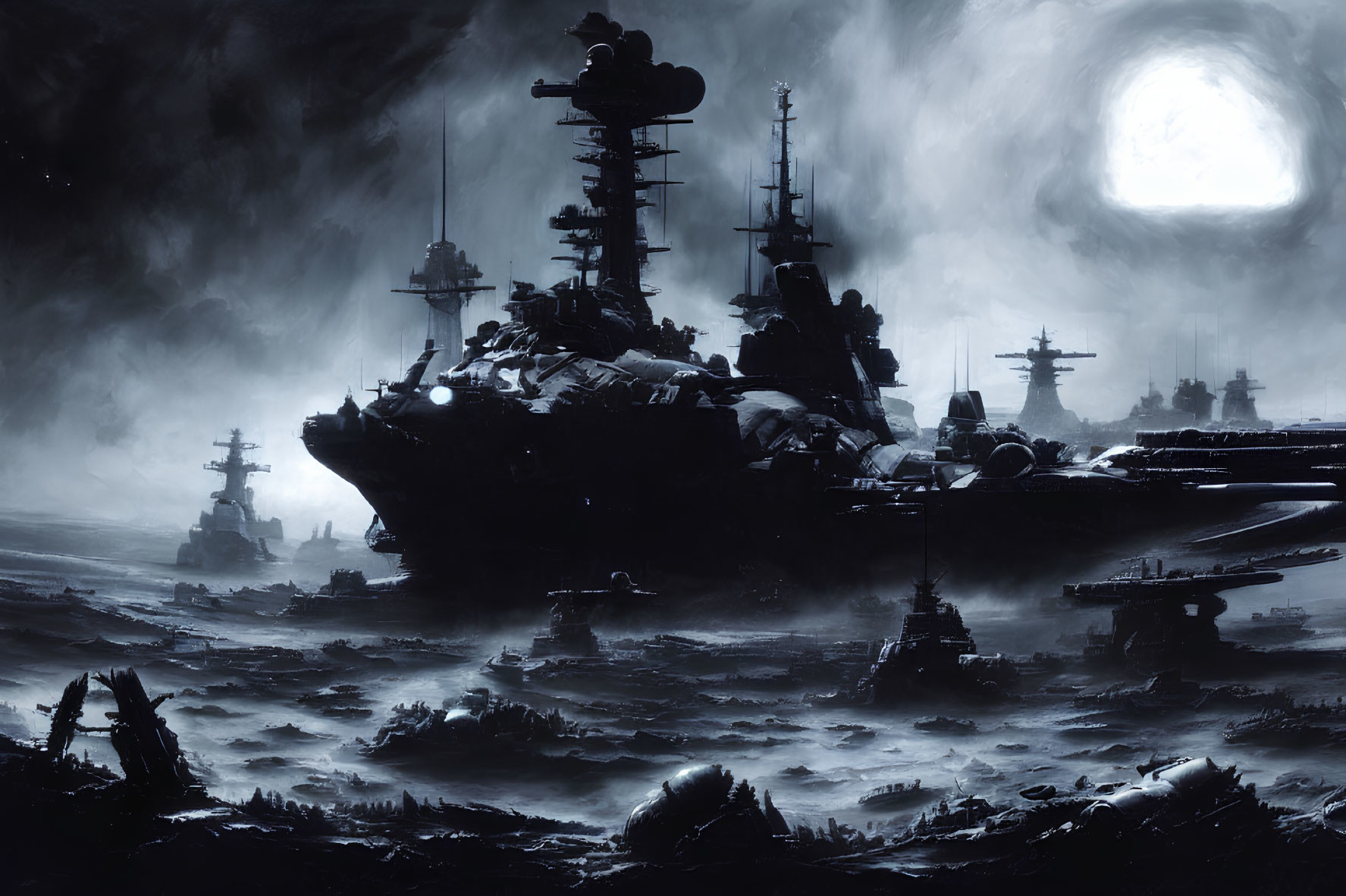 Monochromatic art: Warships in turbulent sea under cloudy sky