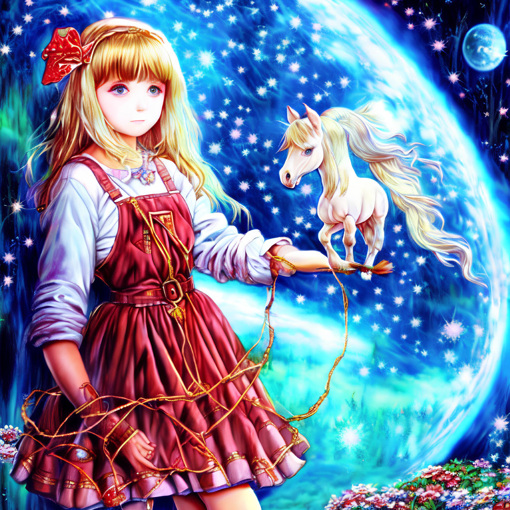 Blonde girl with red bow holds winged unicorn in starry backdrop