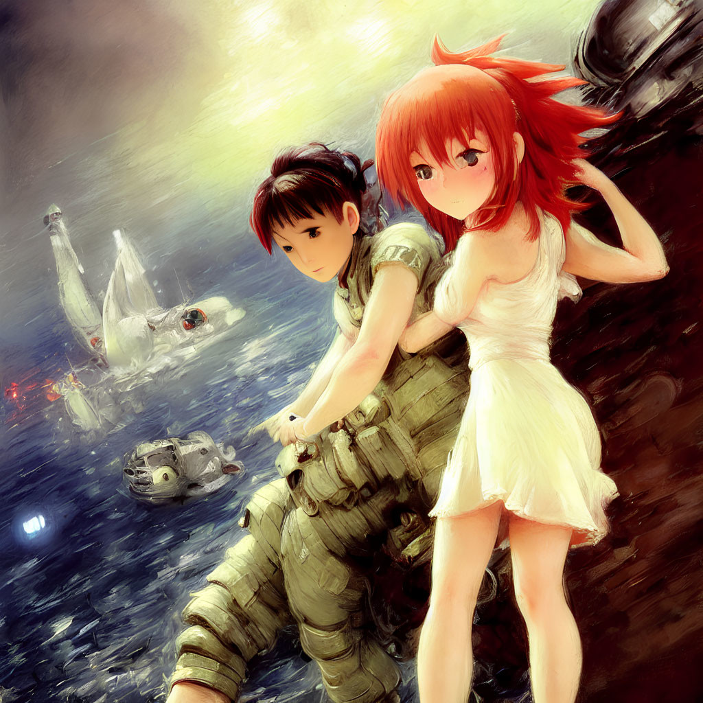 Futuristic armored male and red-haired female in white dress amid fiery explosions