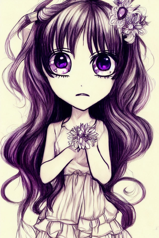 Detailed Anime Style Illustration of Girl with Large Purple Eyes and Flower Adornment
