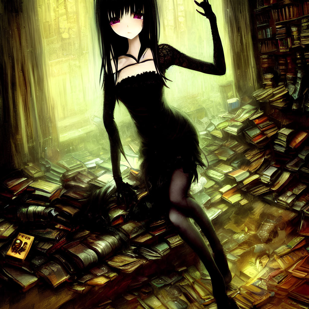 Girl with Long Black Hair in Cozy Library Setting
