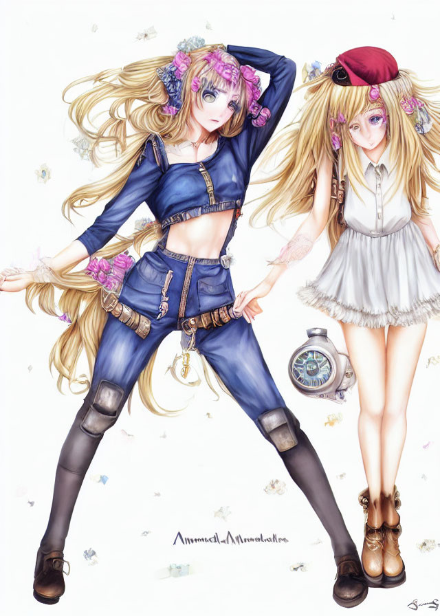 Two anime-style girls with blonde and brown berets, surrounded by flowers and a pocket watch