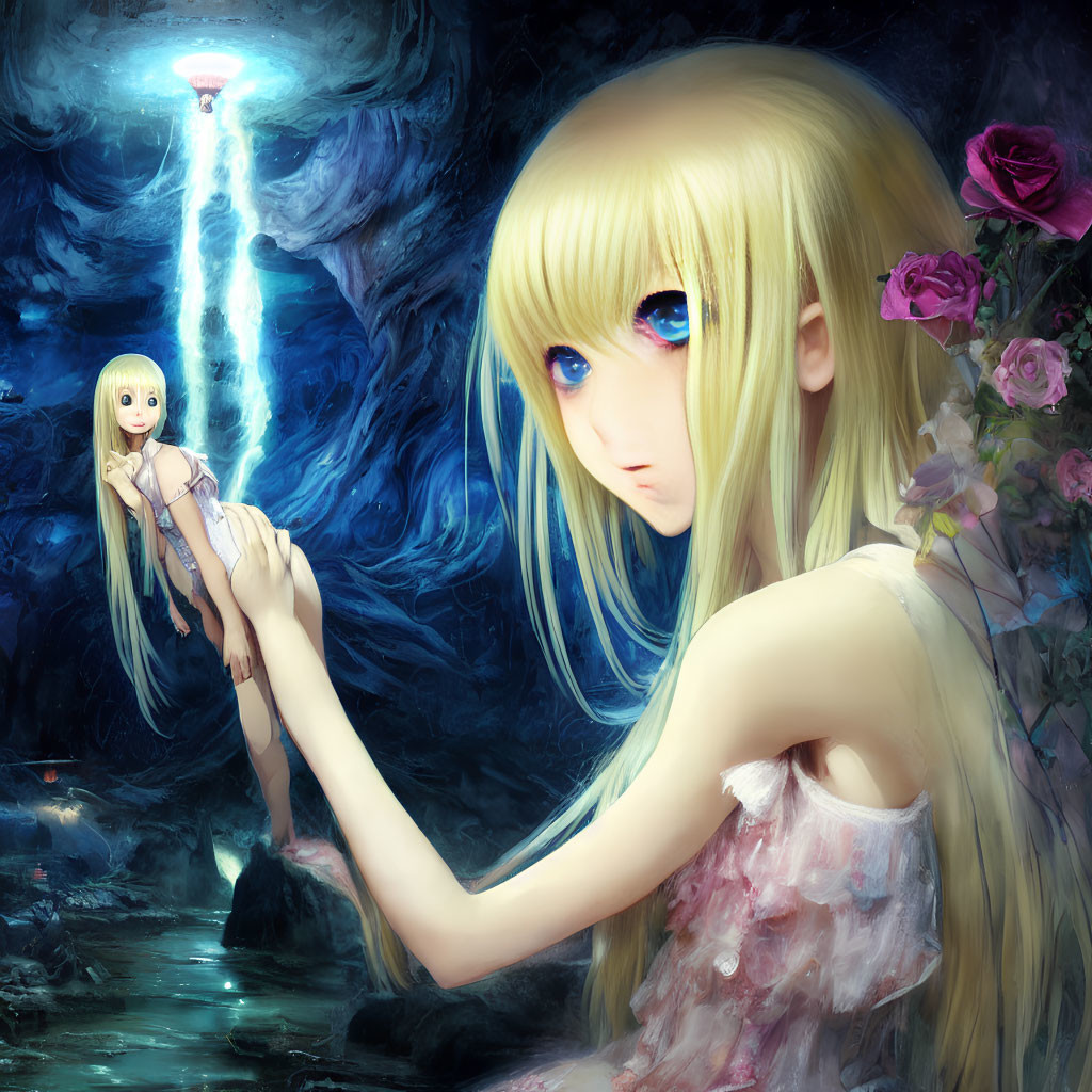 Blonde, Blue-Eyed Anime Girl with Miniature Version Surrounded by Roses