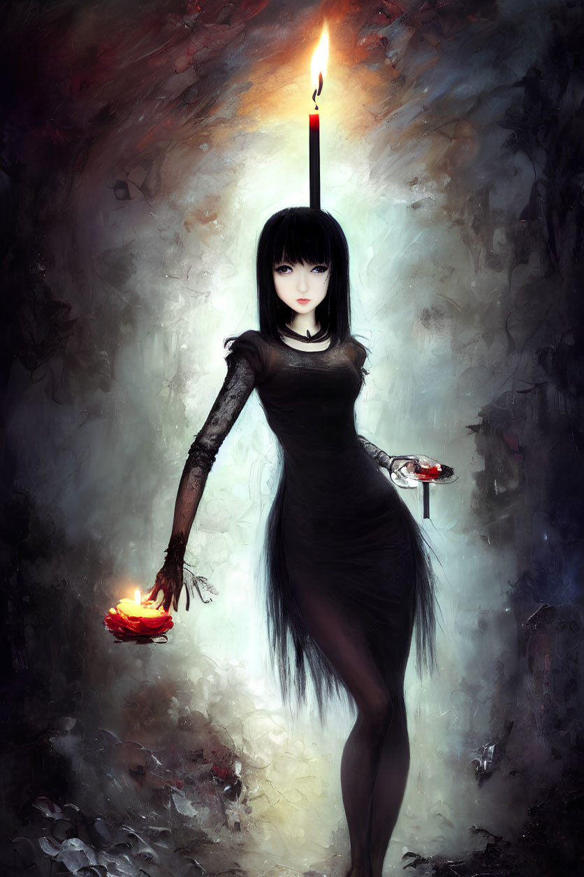 Gothic-style illustration of woman with black hair holding candle and apple
