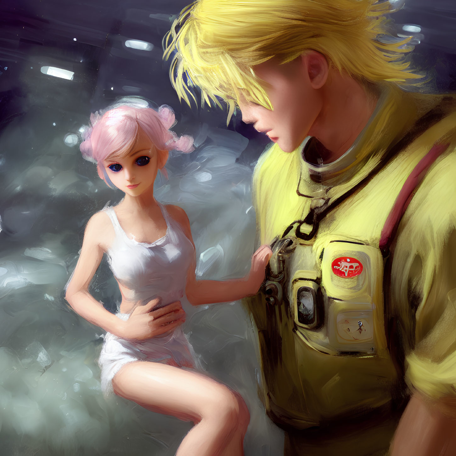 Pink-haired girl in white dress gazes at blond man in yellow jumpsuit with reflective light.