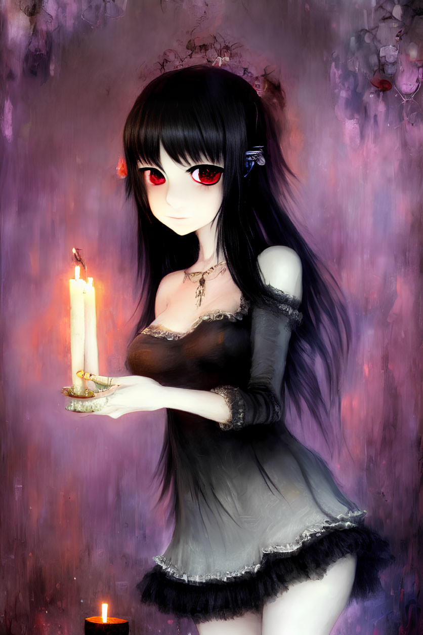 Gothic-style anime girl with black hair and red eyes holding a candle in purple haze