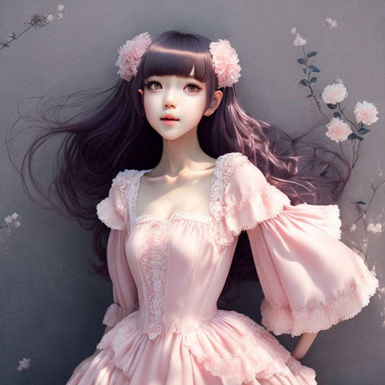 Digital art of girl with large eyes & purple hair in pink dress