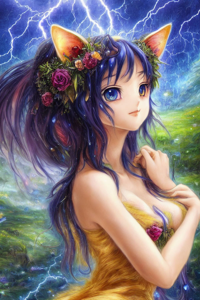Digital artwork of female character with cat ears, blue eyes, floral wreath, lightning backdrop.