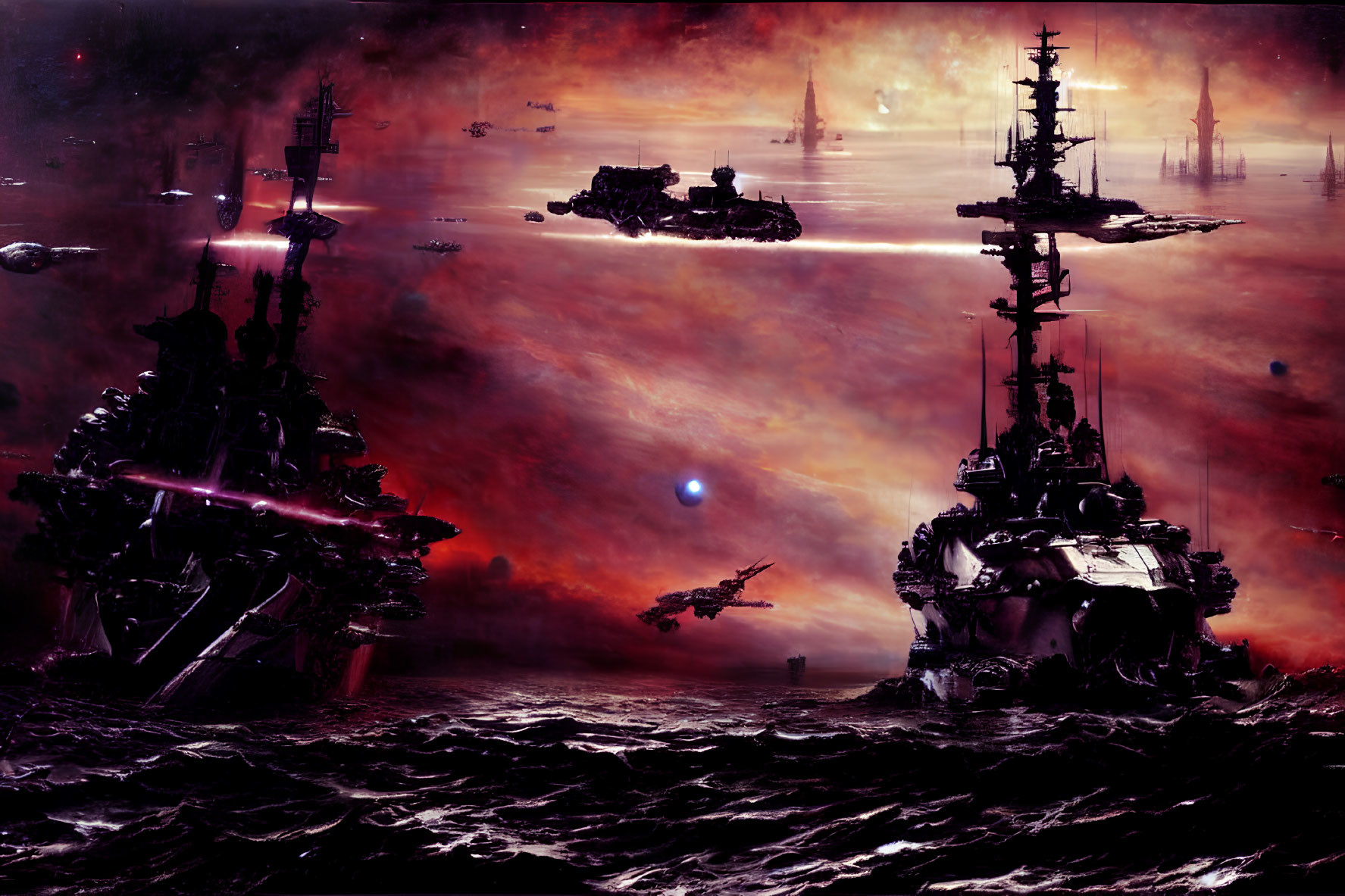 Futuristic battleships on crimson sky over tumultuous sea in apocalyptic battlefield