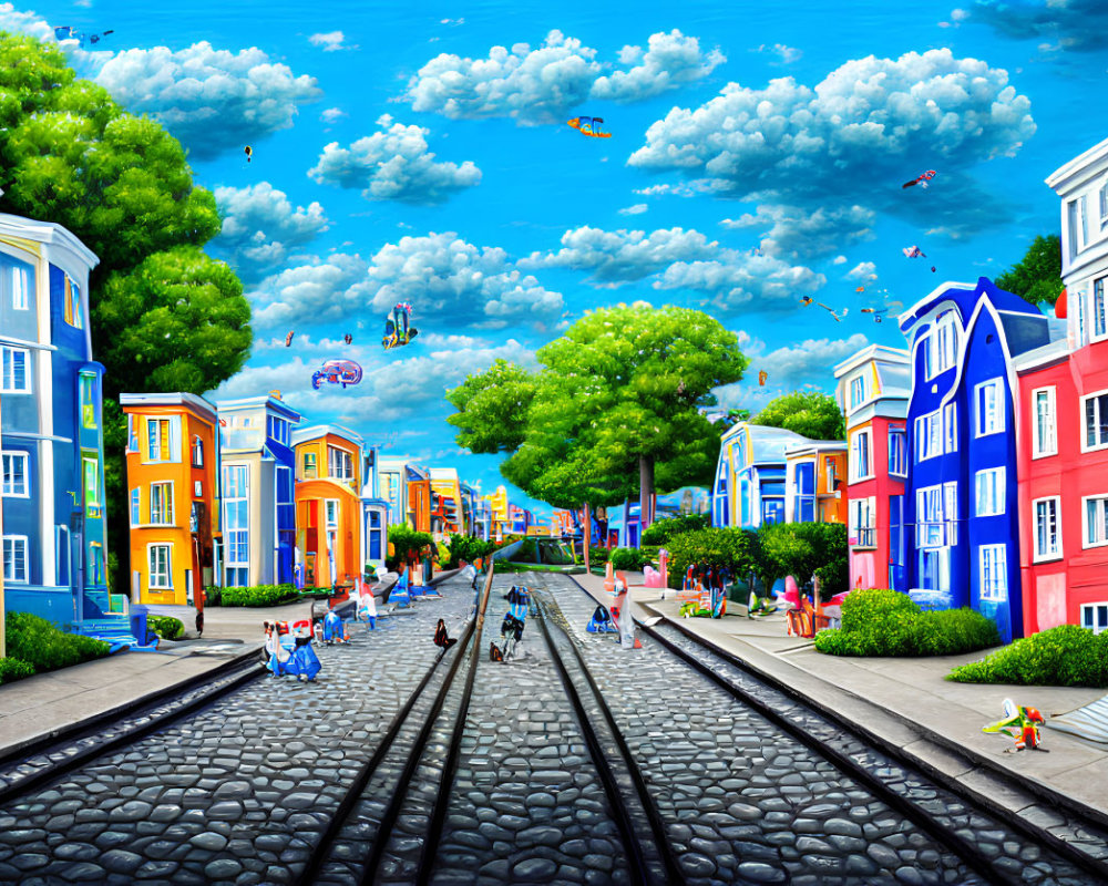 Colorful street scene with people, tram tracks, and blue sky