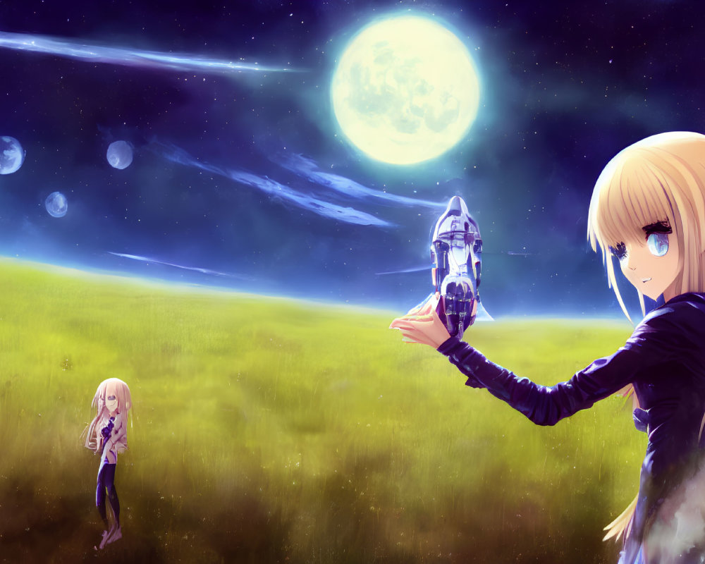 Blonde girl with spaceship surrounded by clones in starry sky landscape