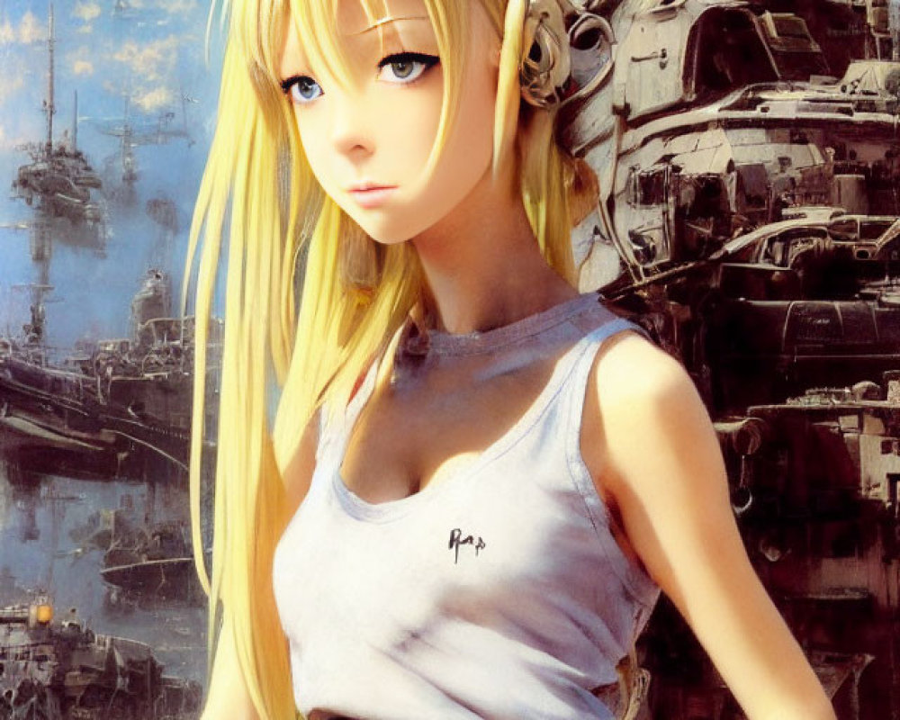 Blonde anime girl in futuristic cityscape illustration
