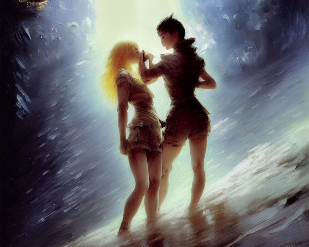 Blond and black-haired animated characters in luminous underwater scene with passing submarine
