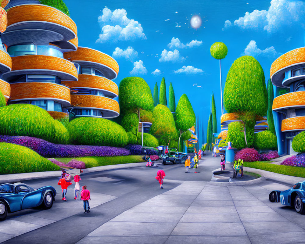 Vibrant futuristic cityscape with gardens, spiral buildings, pedestrians, and cars.