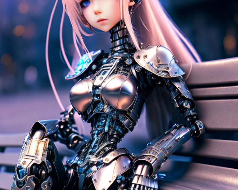 Blonde-haired robotic girl with blue eyes on bench, detailed mechanical body.